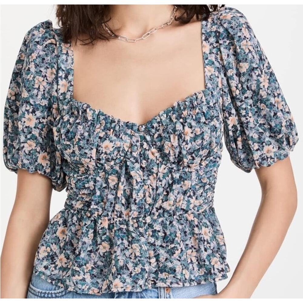 Astr the label Floral puff sleeve Peplum Blouse in beautiful blue Blush floral